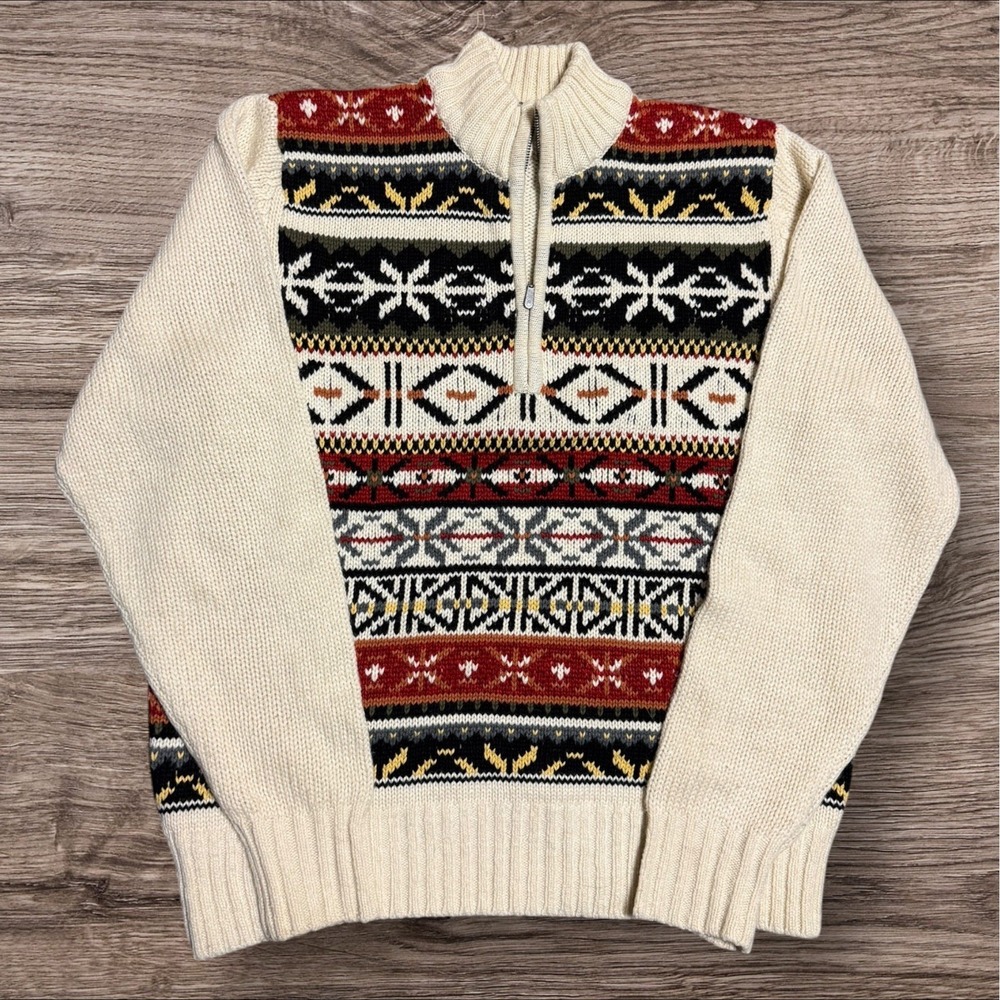 IZOD Sweater Mens M White Fair Isle Quarter Zip Nordic Knit Pullover Winter - Picture 1 of 4